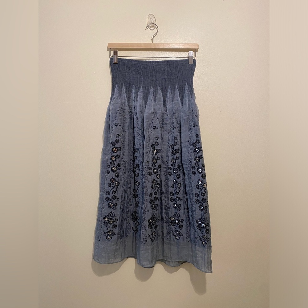 Lapis Blue Embroidered Midi Skirt. One size